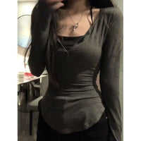 2025 Autumn New V - neck Tops Mujer Y2k Grunge Slim Fit Long Sleeve Tee Shirt Fashion Sexy All - match T-shirt for Women - The Discount Plug