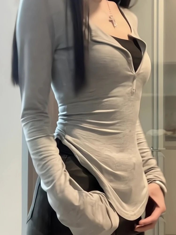 2025 Autumn New V - neck Tops Mujer Y2k Grunge Slim Fit Long Sleeve Tee Shirt Fashion Sexy All - match T-shirt for Women - The Discount Plug