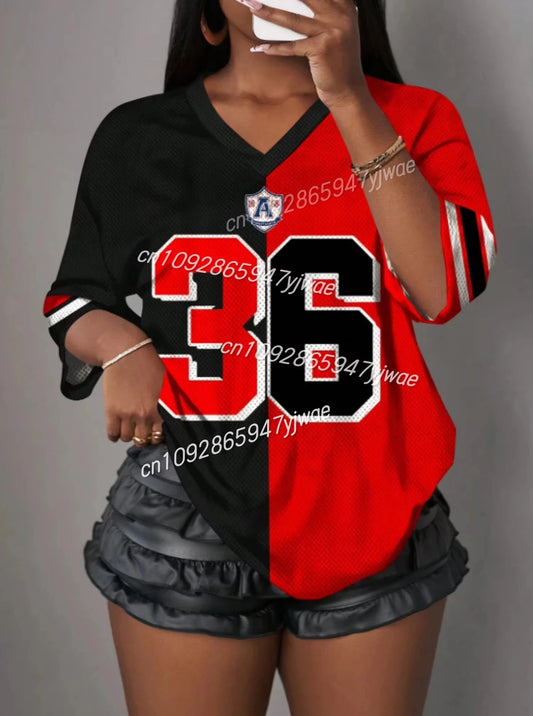 2025 Color block Number 36 T Shirt For Women Mesh fabric Striped V - Neck Tee Summer Harajuku Trend Short Sleeve Streetwear Tops - The Discount Plug