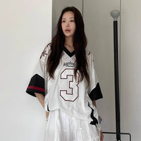 2025 New Korean Ins Trend No. 3 Short Sleeved T-Shirt Lartigent American Retro Jersey Women's Summer Y2K Casual Couple Tee - The Discount Plug
