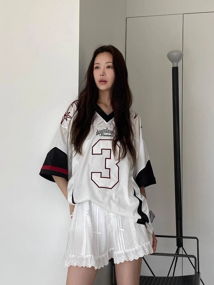 2025 New Korean Ins Trend No. 3 Short Sleeved T-Shirt Lartigent American Retro Jersey Women's Summer Y2K Casual Couple Tee - The Discount Plug