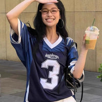 2025 New Korean Ins Trend No. 3 Short Sleeved T-Shirt Lartigent American Retro Jersey Women's Summer Y2K Casual Couple Tee - The Discount Plug