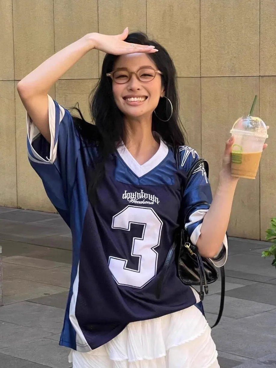 2025 New Korean Ins Trend No. 3 Short Sleeved T-Shirt Lartigent American Retro Jersey Women's Summer Y2K Casual Couple Tee - The Discount Plug