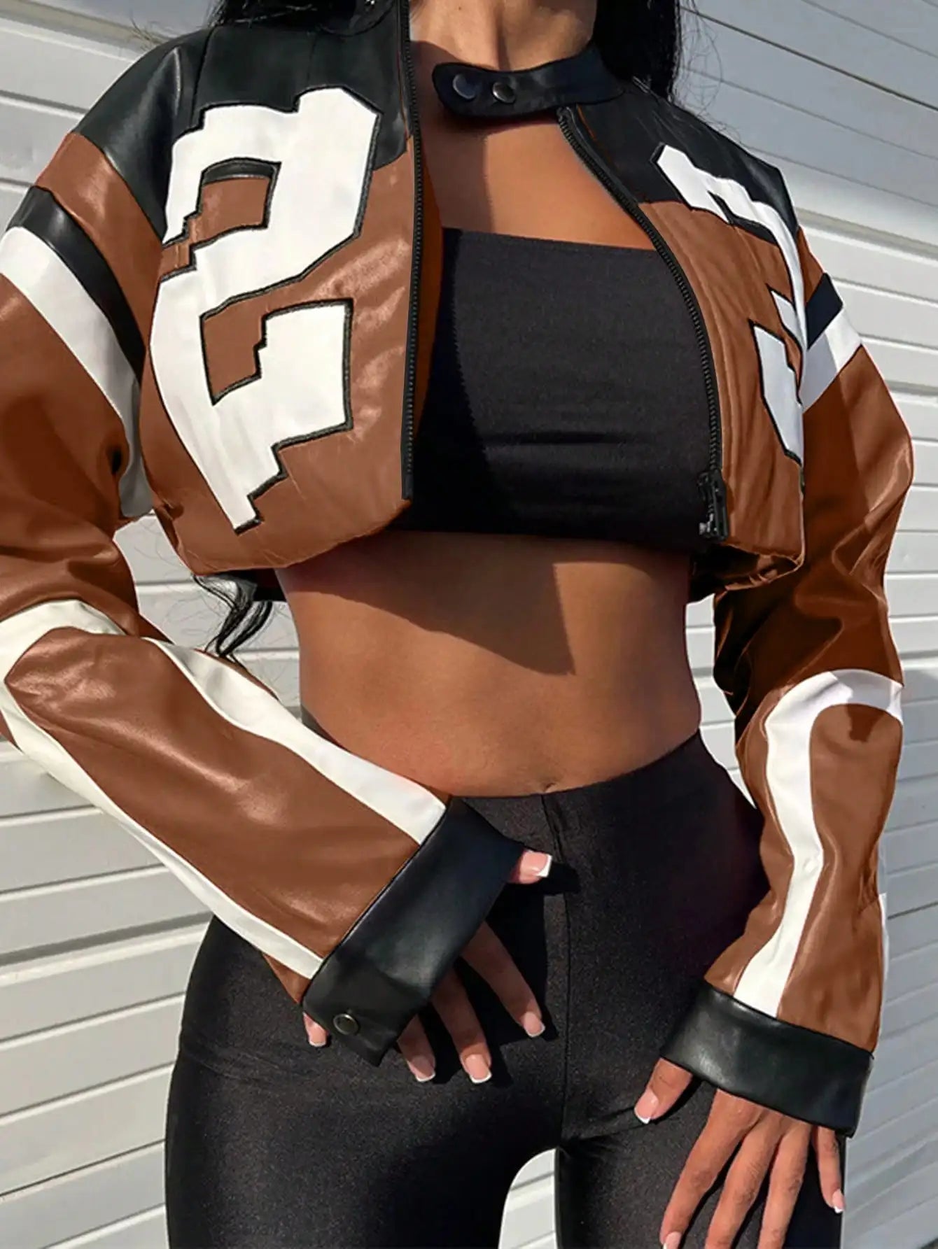 2025 New Women's Artificial Leather Jacket PU Leather Short Jacket Digital Printed Fashion Streetwear Motorcycle Casual Jacket - The Discount Plug
