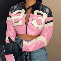 2025 New Women's Artificial Leather Jacket PU Leather Short Jacket Digital Printed Fashion Streetwear Motorcycle Casual Jacket - The Discount Plug