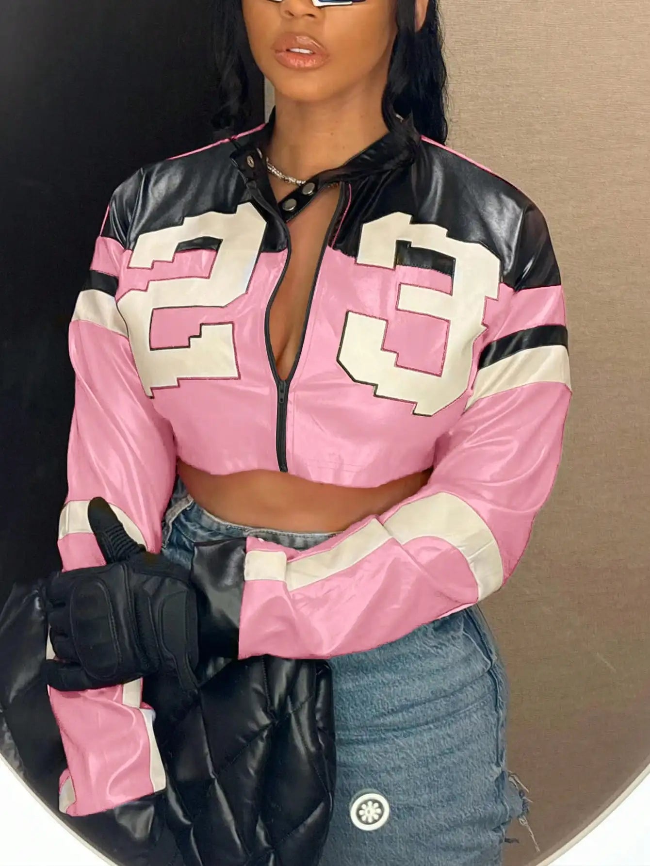 2025 New Women's Artificial Leather Jacket PU Leather Short Jacket Digital Printed Fashion Streetwear Motorcycle Casual Jacket - The Discount Plug