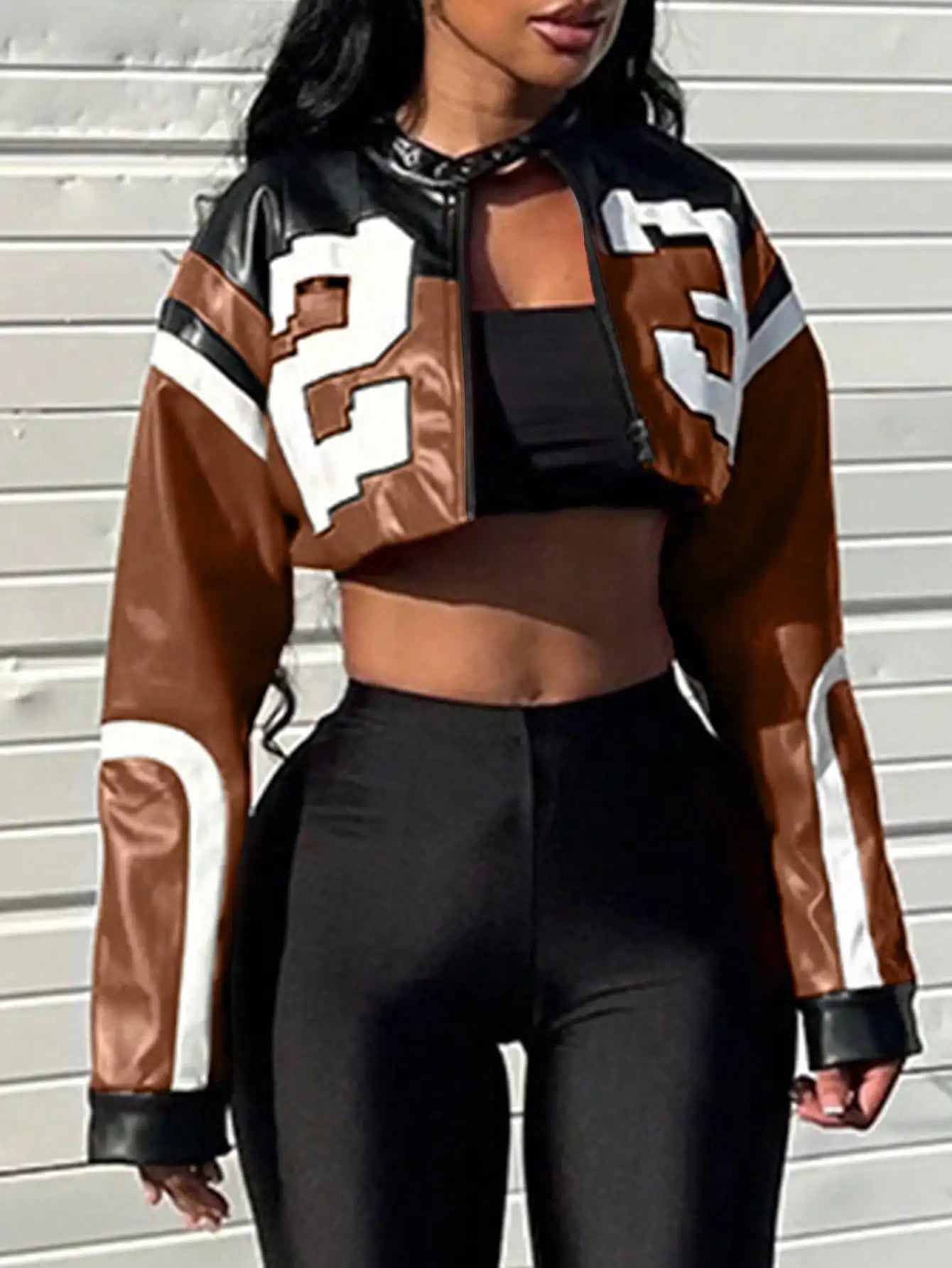2025 New Women's Artificial Leather Jacket PU Leather Short Jacket Digital Printed Fashion Streetwear Motorcycle Casual Jacket - The Discount Plug
