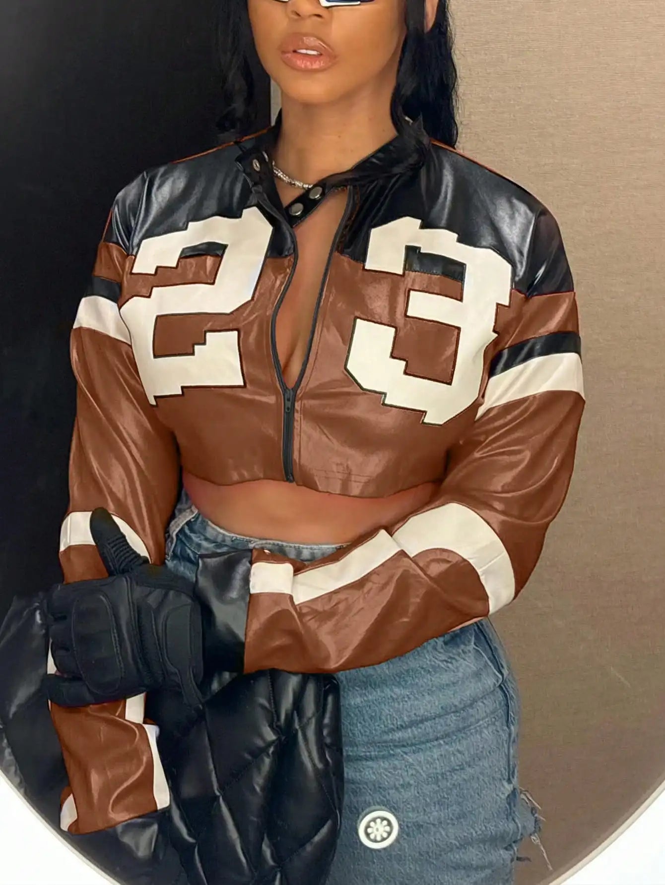 2025 New Women's Artificial Leather Jacket PU Leather Short Jacket Digital Printed Fashion Streetwear Motorcycle Casual Jacket - The Discount Plug