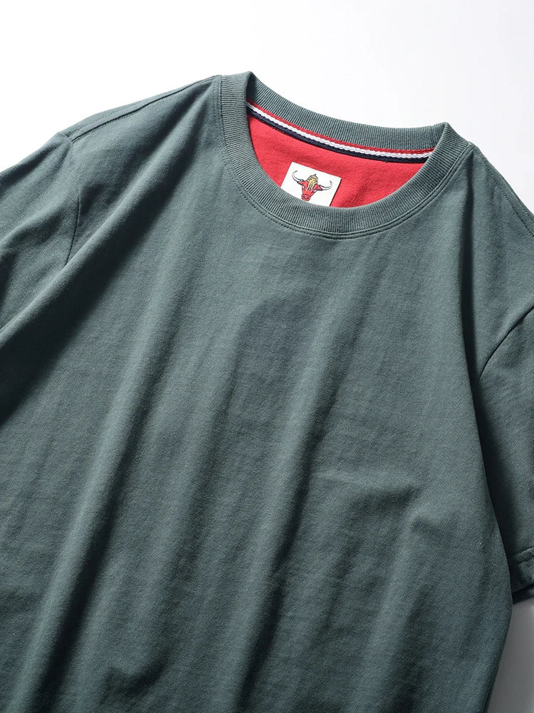 2025 Summer New American Retro Short Sleeve O - neck Solid Color T-shirt Men's Fashion 100% Cotton Washed Casual Terry Cloth Tops - The Discount Plug