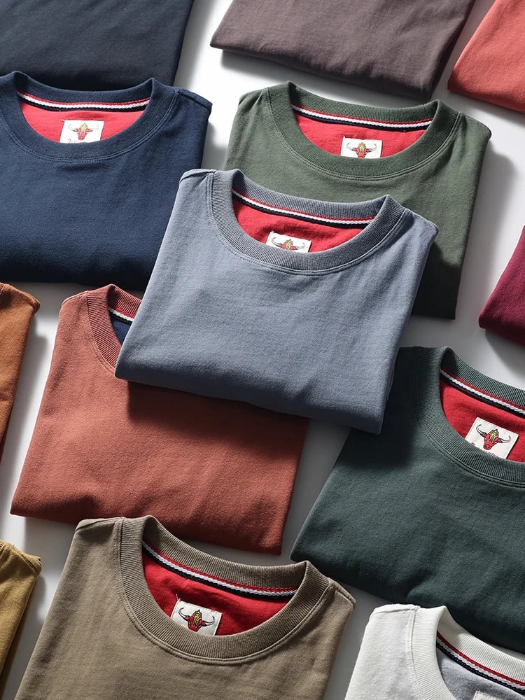 2025 Summer New American Retro Short Sleeve O - neck Solid Color T-shirt Men's Fashion 100% Cotton Washed Casual Terry Cloth Tops - The Discount Plug