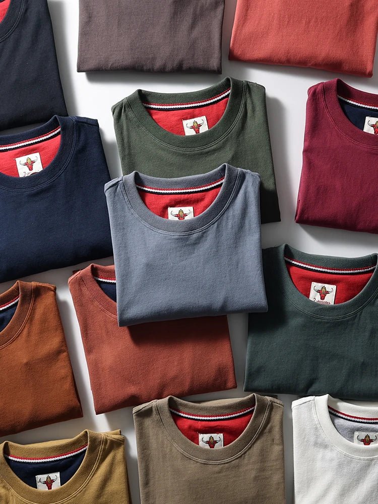 2025 Summer New American Retro Short Sleeve O - neck Solid Color T-shirt Men's Fashion 100% Cotton Washed Casual Terry Cloth Tops - The Discount Plug