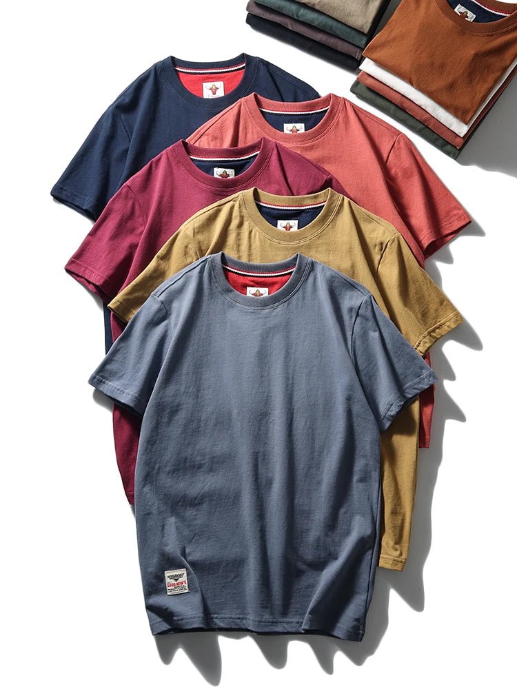 2025 Summer New American Retro Short Sleeve O - neck Solid Color T-shirt Men's Fashion 100% Cotton Washed Casual Terry Cloth Tops - The Discount Plug