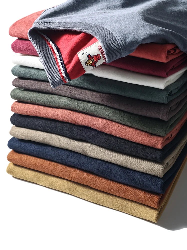 2025 Summer New American Retro Short Sleeve O - neck Solid Color T-shirt Men's Fashion 100% Cotton Washed Casual Terry Cloth Tops - The Discount Plug