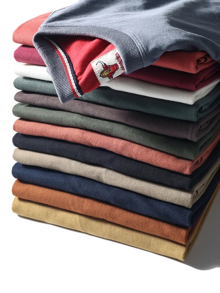 2025 Summer New American Retro Short Sleeve O - neck Solid Color T-shirt Men's Fashion 100% Cotton Washed Casual Terry Cloth Tops - The Discount Plug