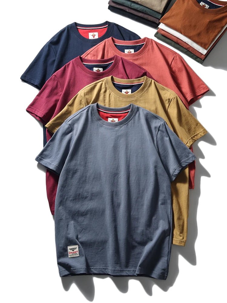 2025 Summer New American Retro Short Sleeve O - neck Solid Color T-shirt Men's Fashion 100% Cotton Washed Casual Terry Cloth Tops - The Discount Plug