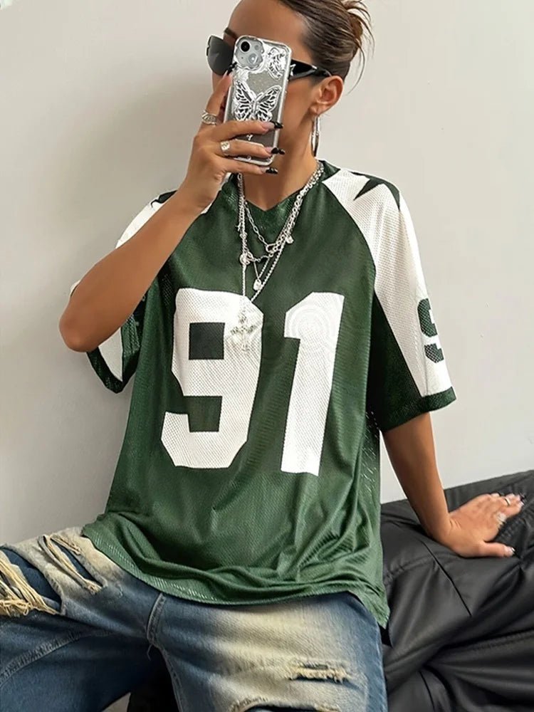 2025 Summer New Women V - Neck Oversized No.91 Fashionable Casual And Comfortable T-Shirt New York Street Hip Hop Retro Y2K Shirt - The Discount Plug