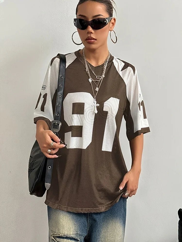 2025 Summer New Women V - Neck Oversized No.91 Fashionable Casual And Comfortable T-Shirt New York Street Hip Hop Retro Y2K Shirt - The Discount Plug