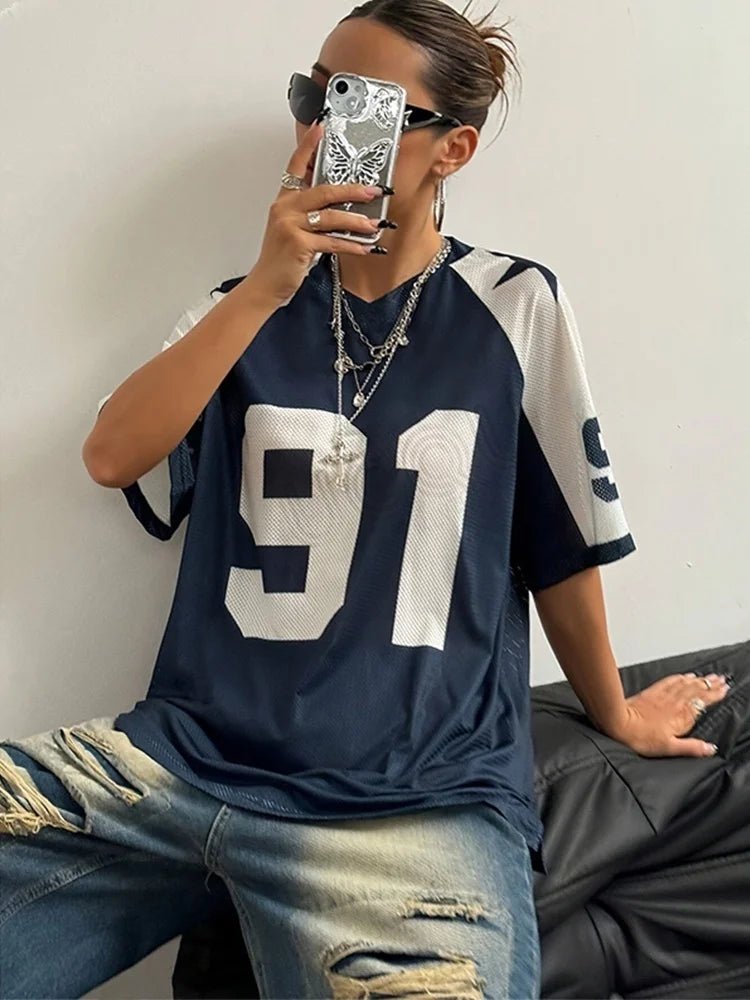 2025 Summer New Women V - Neck Oversized No.91 Fashionable Casual And Comfortable T-Shirt New York Street Hip Hop Retro Y2K Shirt - The Discount Plug