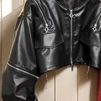 2025 Y2k Aesthetic PU Leather Jacket Womens Streetwear Pleated Grunge Solid Jackets Loose Harajuku Zipper Female Punk Crop Coat - The Discount Plug