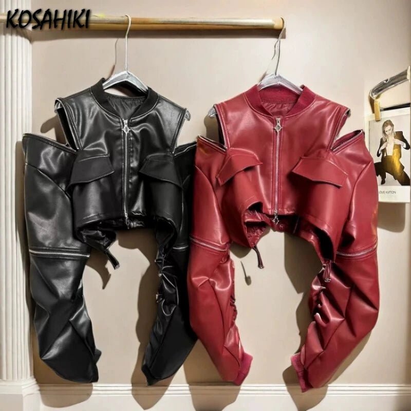2025 Y2k Aesthetic PU Leather Jacket Womens Streetwear Pleated Grunge Solid Jackets Loose Harajuku Zipper Female Punk Crop Coat - The Discount Plug