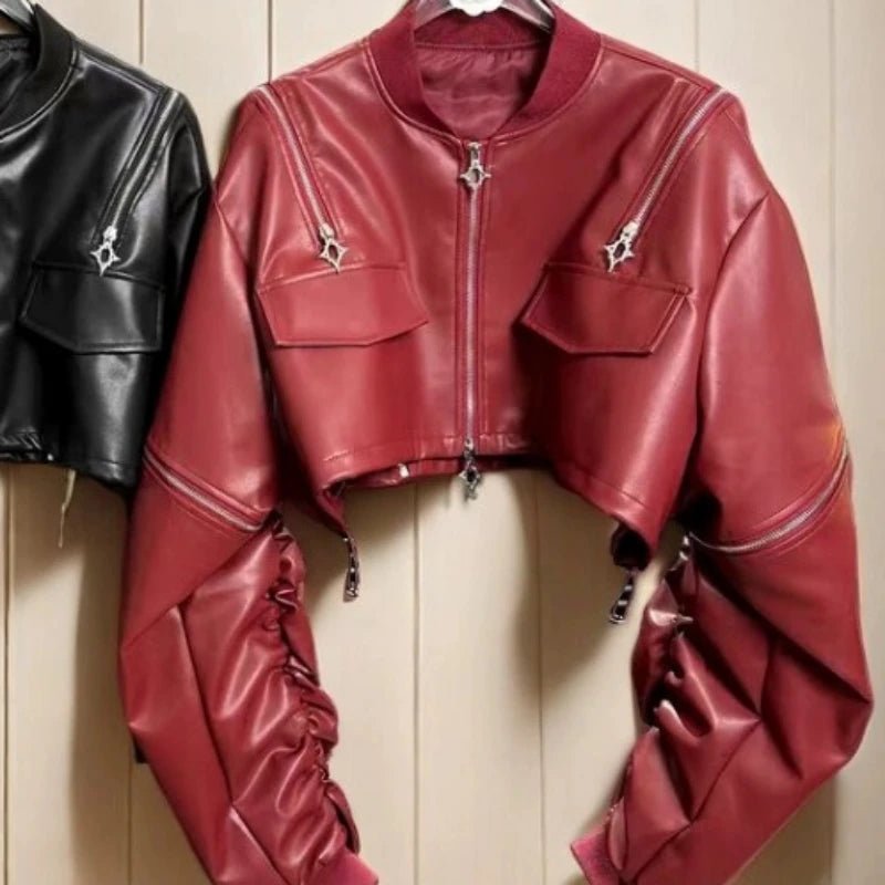2025 Y2k Aesthetic PU Leather Jacket Womens Streetwear Pleated Grunge Solid Jackets Loose Harajuku Zipper Female Punk Crop Coat - The Discount Plug