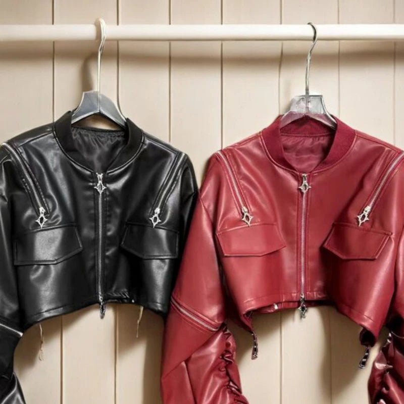 2025 Y2k Aesthetic PU Leather Jacket Womens Streetwear Pleated Grunge Solid Jackets Loose Harajuku Zipper Female Punk Crop Coat - The Discount Plug