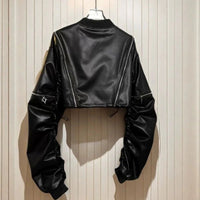 2025 Y2k Aesthetic PU Leather Jacket Womens Streetwear Pleated Grunge Solid Jackets Loose Harajuku Zipper Female Punk Crop Coat - The Discount Plug