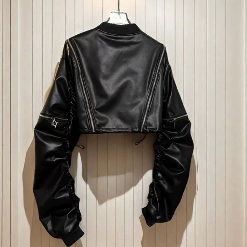 2025 Y2k Aesthetic PU Leather Jacket Womens Streetwear Pleated Grunge Solid Jackets Loose Harajuku Zipper Female Punk Crop Coat - The Discount Plug