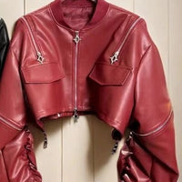 2025 Y2k Aesthetic PU Leather Jacket Womens Streetwear Pleated Grunge Solid Jackets Loose Harajuku Zipper Female Punk Crop Coat - The Discount Plug