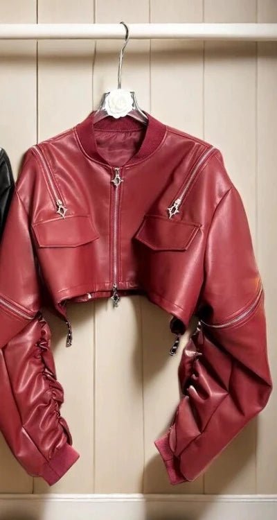 2025 Y2k Aesthetic PU Leather Jacket Womens Streetwear Pleated Grunge Solid Jackets Loose Harajuku Zipper Female Punk Crop Coat - The Discount Plug