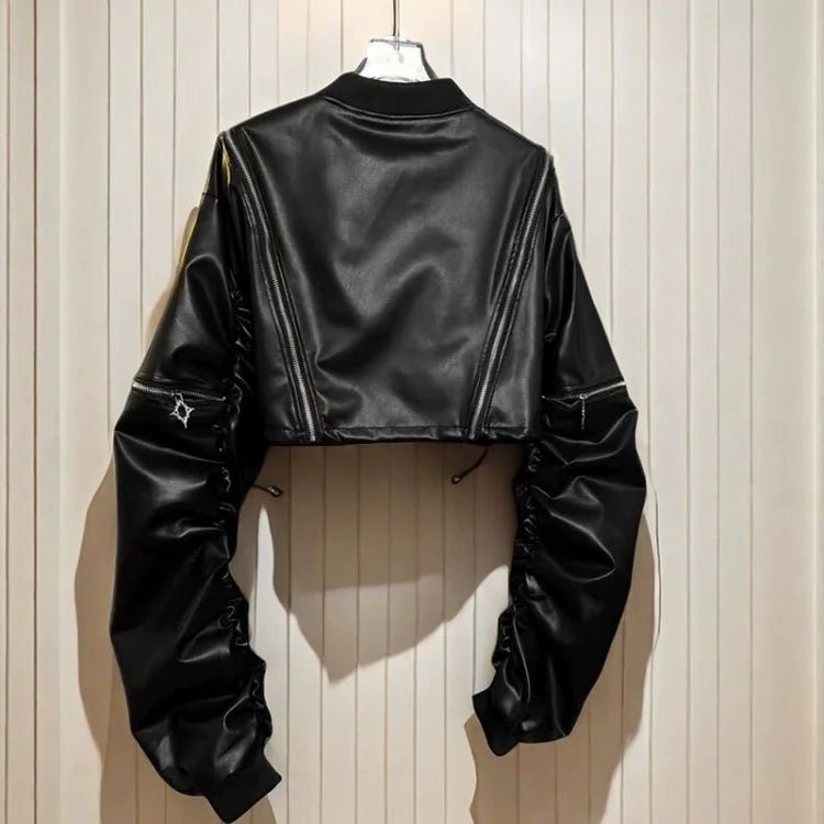 2025 Y2k Aesthetic PU Leather Jacket Womens Streetwear Pleated Grunge Solid Jackets Loose Harajuku Zipper Female Punk Crop Coat - The Discount Plug