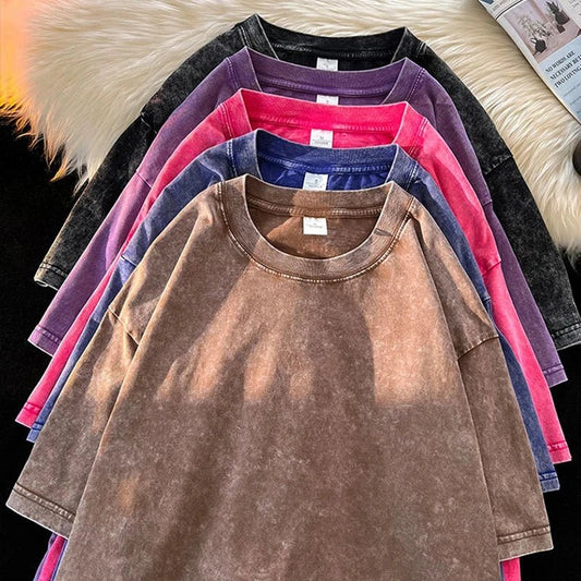 230g 100% Cotton Retro Punk T-shirt Drop Shoulder Sleeve Men Women Vintage Short Sleeved T Shirts Solid Color Hip Hop Loose Tees - The Discount Plug