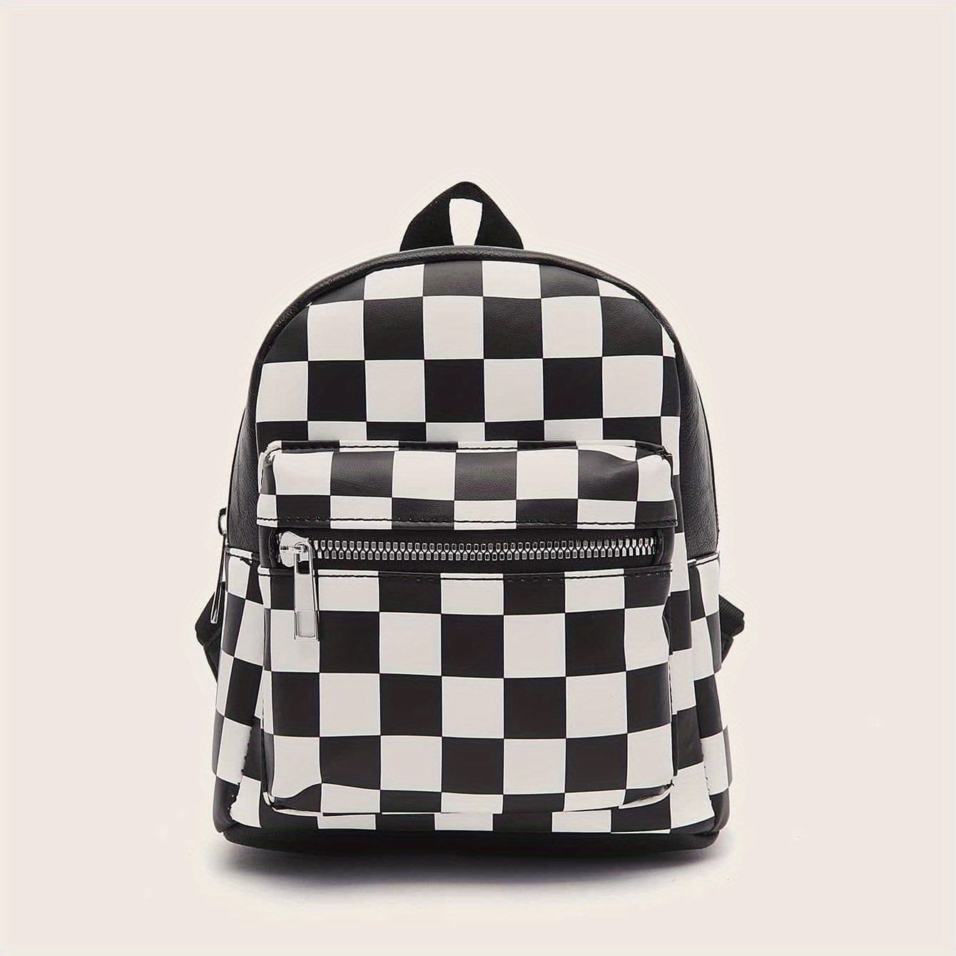 Checkered Backpack For Women, Mini Faux Leather Daypack, Plaid Pattern Travel School Bag