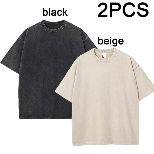 2PCS Cotton Washed T Shirts Harajuku Vintage Solid Color Summer TShirt Oversize Fashion Streetwear Unisex Women Men Top Tee - The Discount Plug