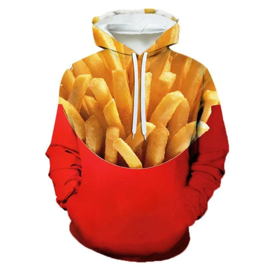 3D Printing Steak Salad French Fries Food Hoodie For Men Long Sleeves Hooded Sweatshirt Hamburger Pattern Casual Pullovers - The Discount Plug