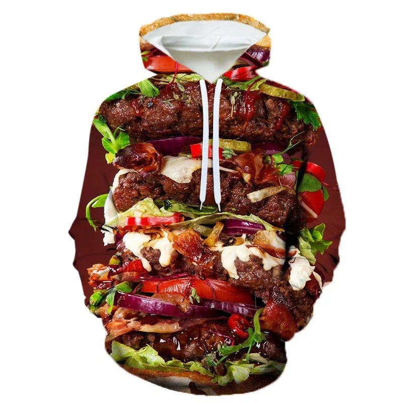 3D Printing Steak Salad French Fries Food Hoodie For Men Long Sleeves Hooded Sweatshirt Hamburger Pattern Casual Pullovers - The Discount Plug