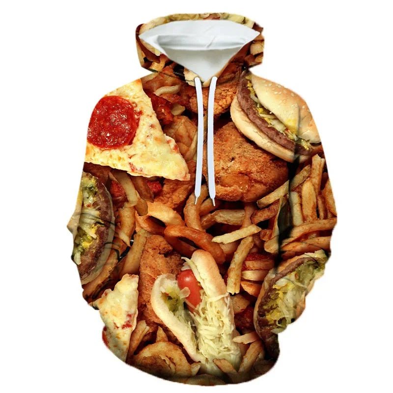 3D Printing Steak Salad French Fries Food Hoodie For Men Long Sleeves Hooded Sweatshirt Hamburger Pattern Casual Pullovers - The Discount Plug
