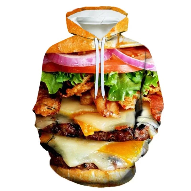 3D Printing Steak Salad French Fries Food Hoodie For Men Long Sleeves Hooded Sweatshirt Hamburger Pattern Casual Pullovers - The Discount Plug