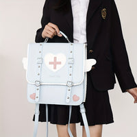 Adorable Kawaii Womens Backpack - Fashion-Forward Flap with Buckles & Rivets Decor - Versatile School or Casual Handbag