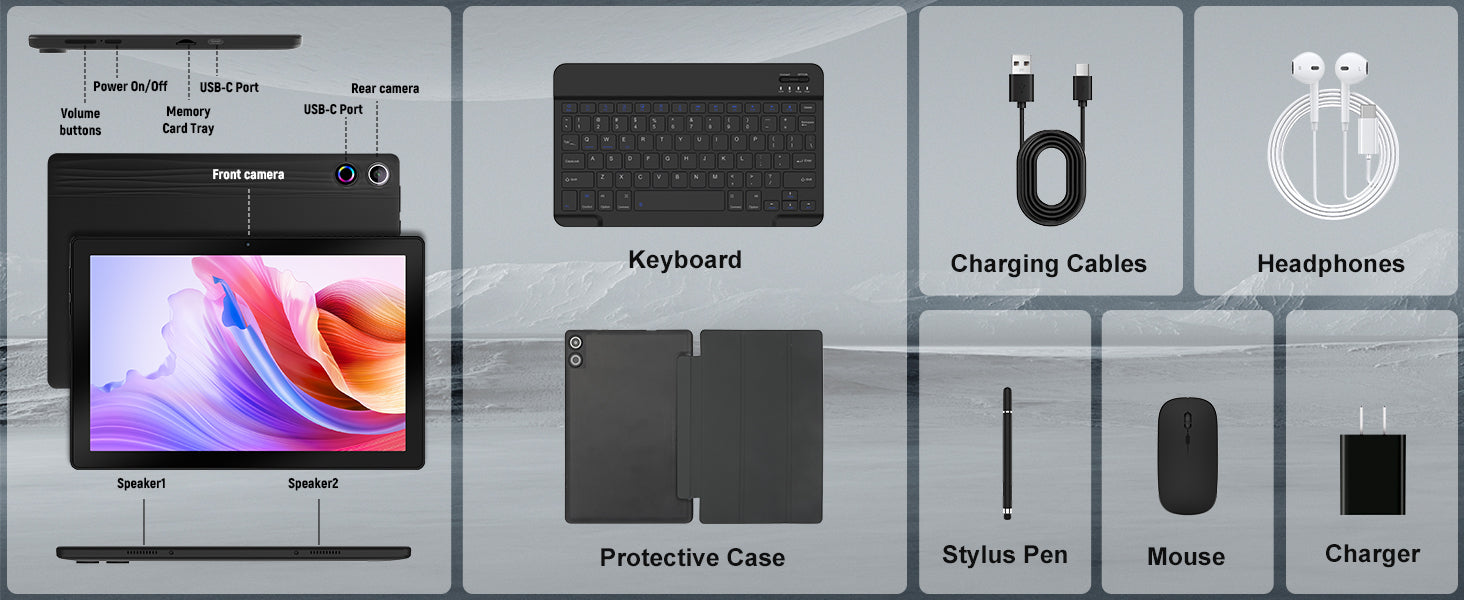 URAO A10L Android 14 Tablet 10.1-inch 12GB RAM 64GB ROM Octa-Core 5G WiFi with Keyboard Mouse Touch Pen Headset Case Tablet Kit