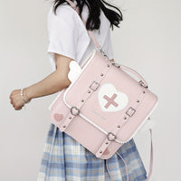 Adorable Kawaii Womens Backpack - Fashion-Forward Flap with Buckles & Rivets Decor - Versatile School or Casual Handbag