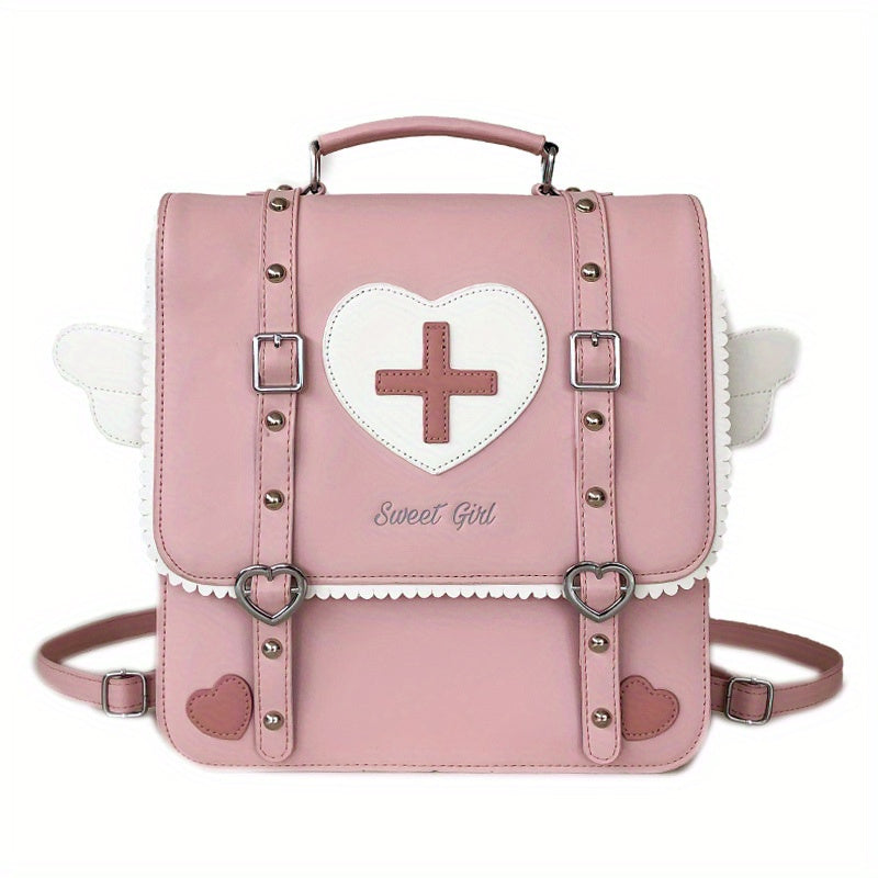 Adorable Kawaii Womens Backpack - Fashion-Forward Flap with Buckles & Rivets Decor - Versatile School or Casual Handbag