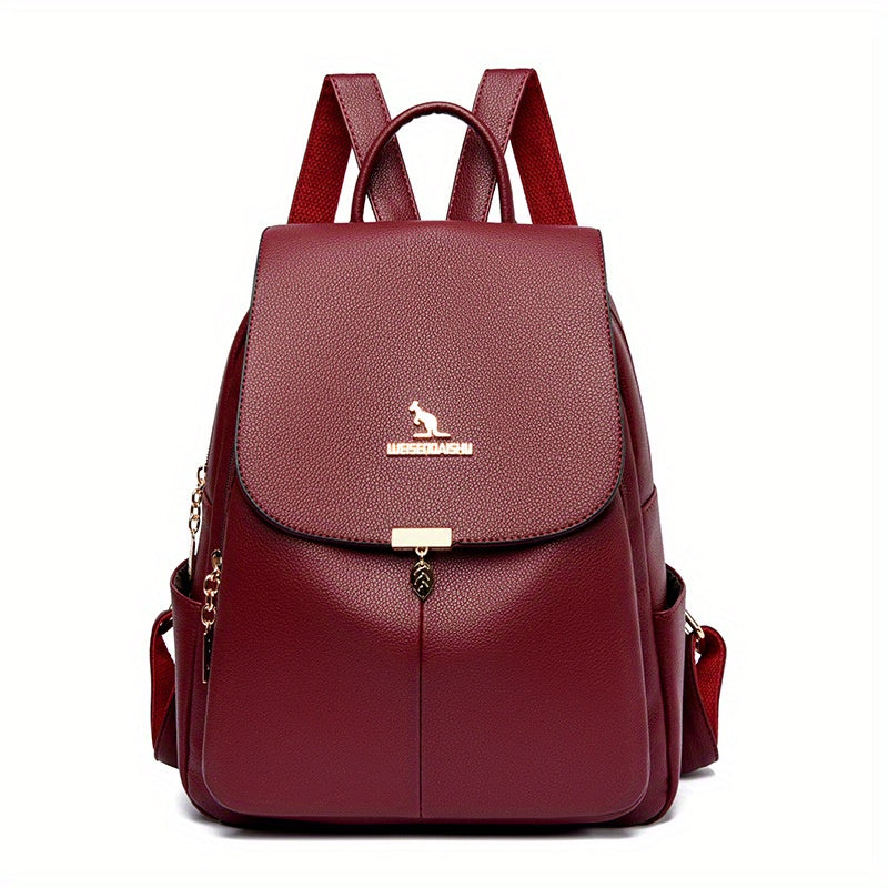 Chic & Stylish Women's Backpack: Solid Faux Leather, Secure Zipper, Metal Accents – Perfect for School and Travel