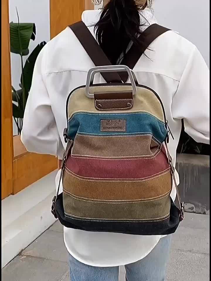 Fashionable Striped Canvas Backpack - Versatile Women's Daypack with Secure Zip Closure & Comfy Shoulder Straps
