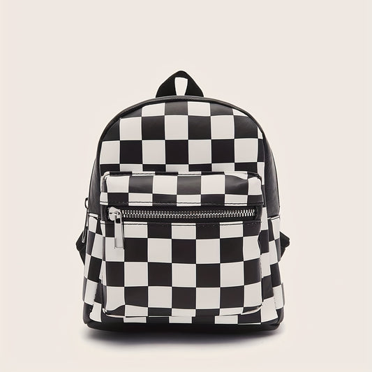 Checkered Backpack For Women, Mini Faux Leather Daypack, Plaid Pattern Travel School Bag