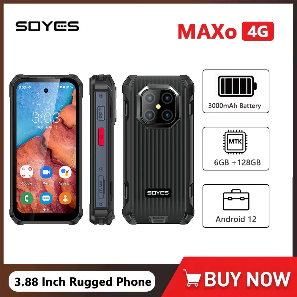SOYES MAXo MINI Rugged Phone Waterproof 6GB+128GB Mobile Phone 3000mAh Flashlight PTT/SOS 3.88 Inch Small Smartphone Android 12