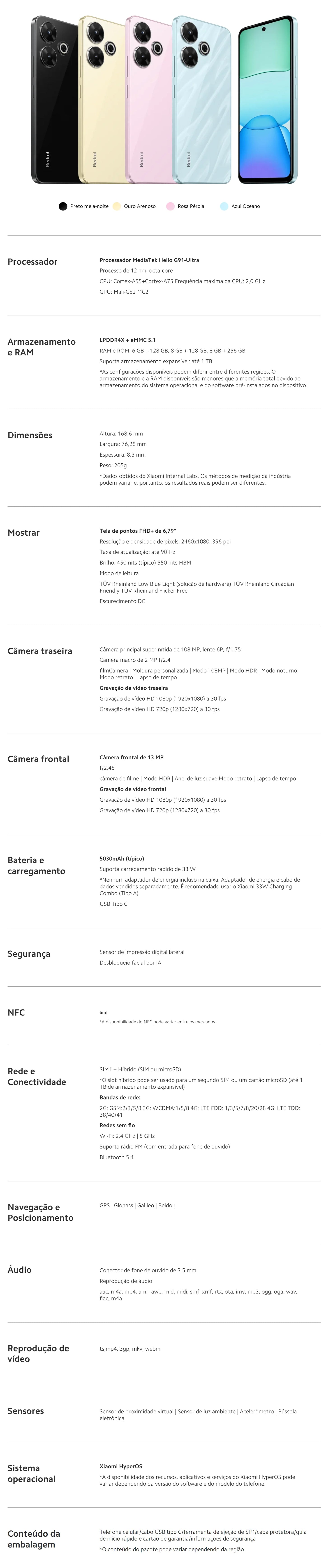 Celular Xiaomi Redmi 13 4G | Câmera 108MP , Processador Mediatek Dimensity 6080 (6 nm),  Bateria 5000mah, Carregamento 33W