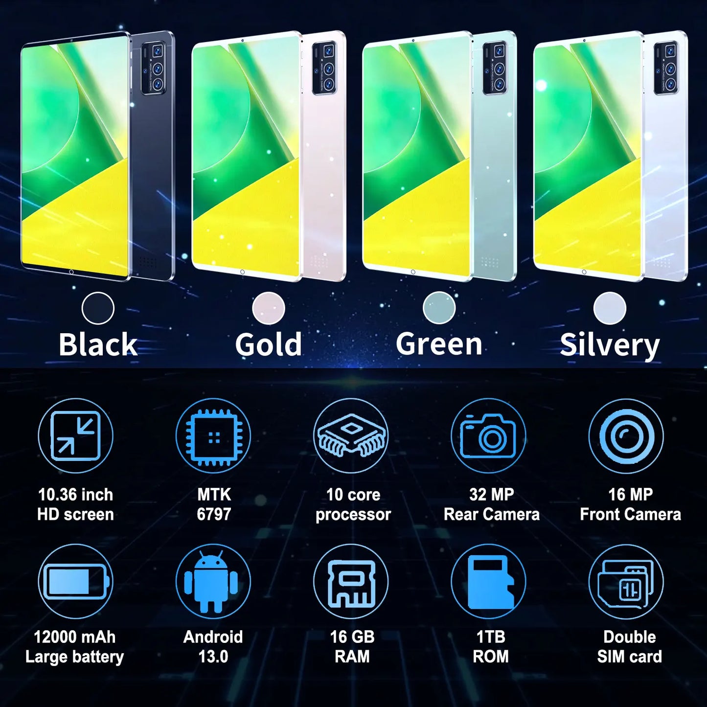 2025 5G Original 10.36Inch Tablet Android 16GB RAM 1TB ROM 12000mAh battery Android 13.0 MTK6797 10-core WiFi Network Dual Sim