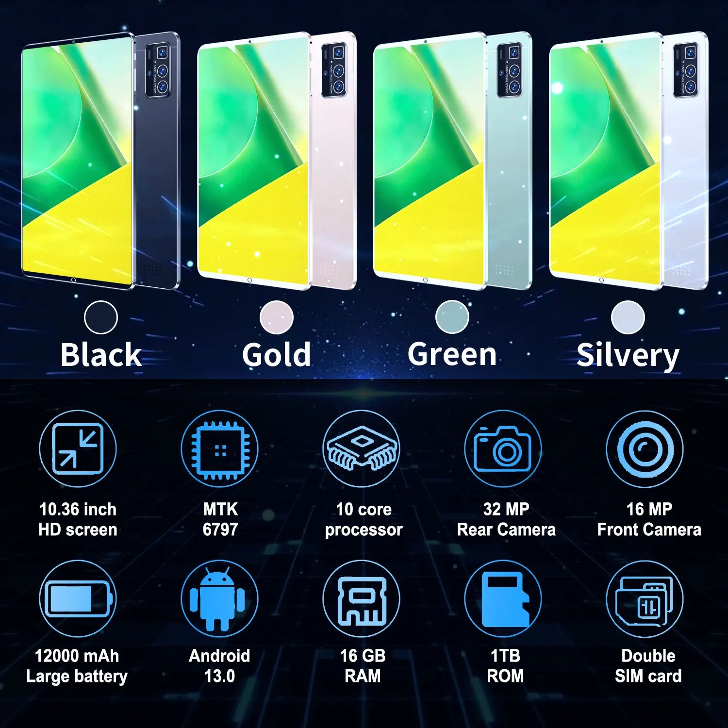 2025 5G Original 10.36Inch Tablet Android 16GB RAM 1TB ROM 12000mAh battery Android 13.0 MTK6797 10-core WiFi Network Dual Sim