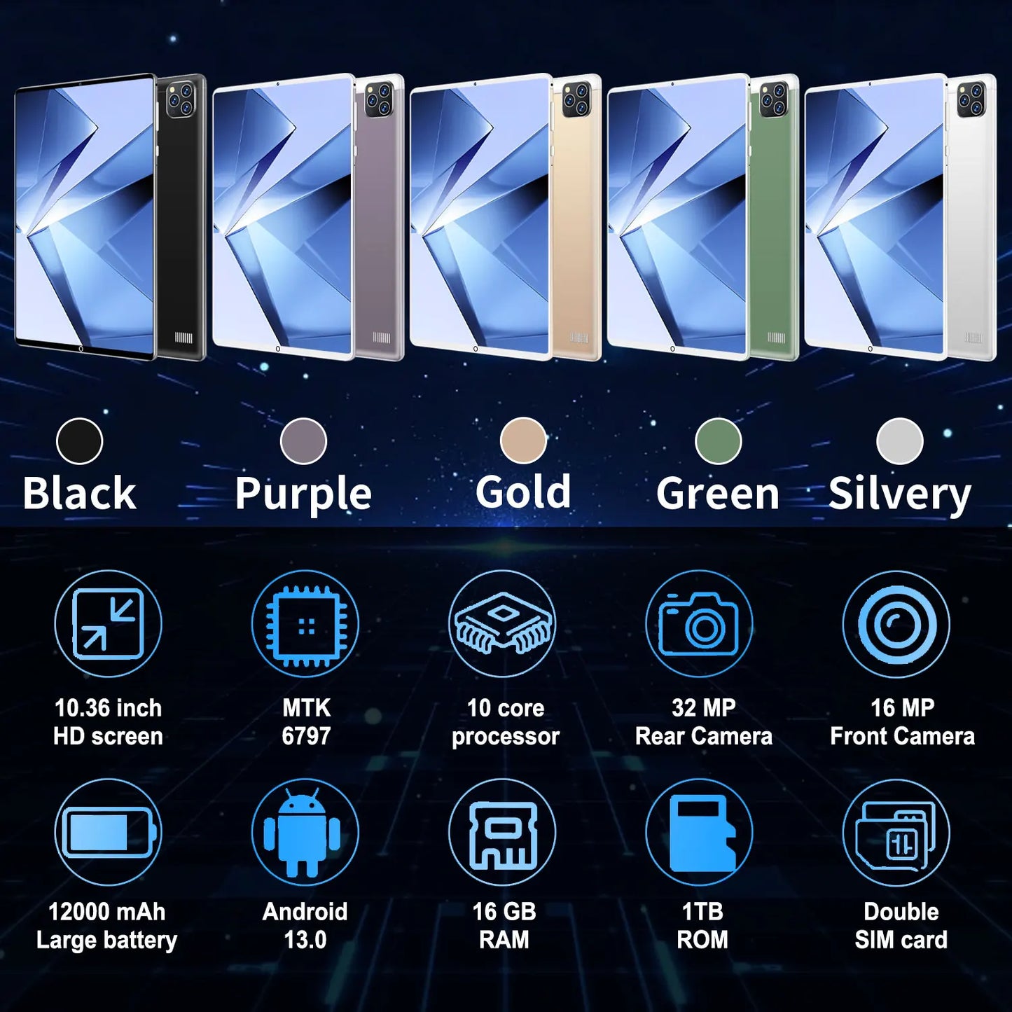 2025 5G Original 10.36Inch Tablet Android 16GB RAM 1TB ROM 12000mAh battery Android 13.0 MTK6797 10-core WiFi Network Dual Sim